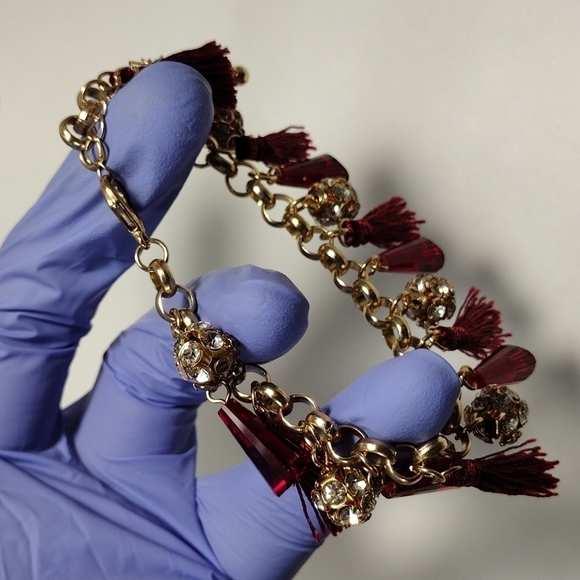Women's Polished Gold-tone Red Beaded Tassel Bracelet w/ Sparkling Crystal Balls - Picture 8 of 8